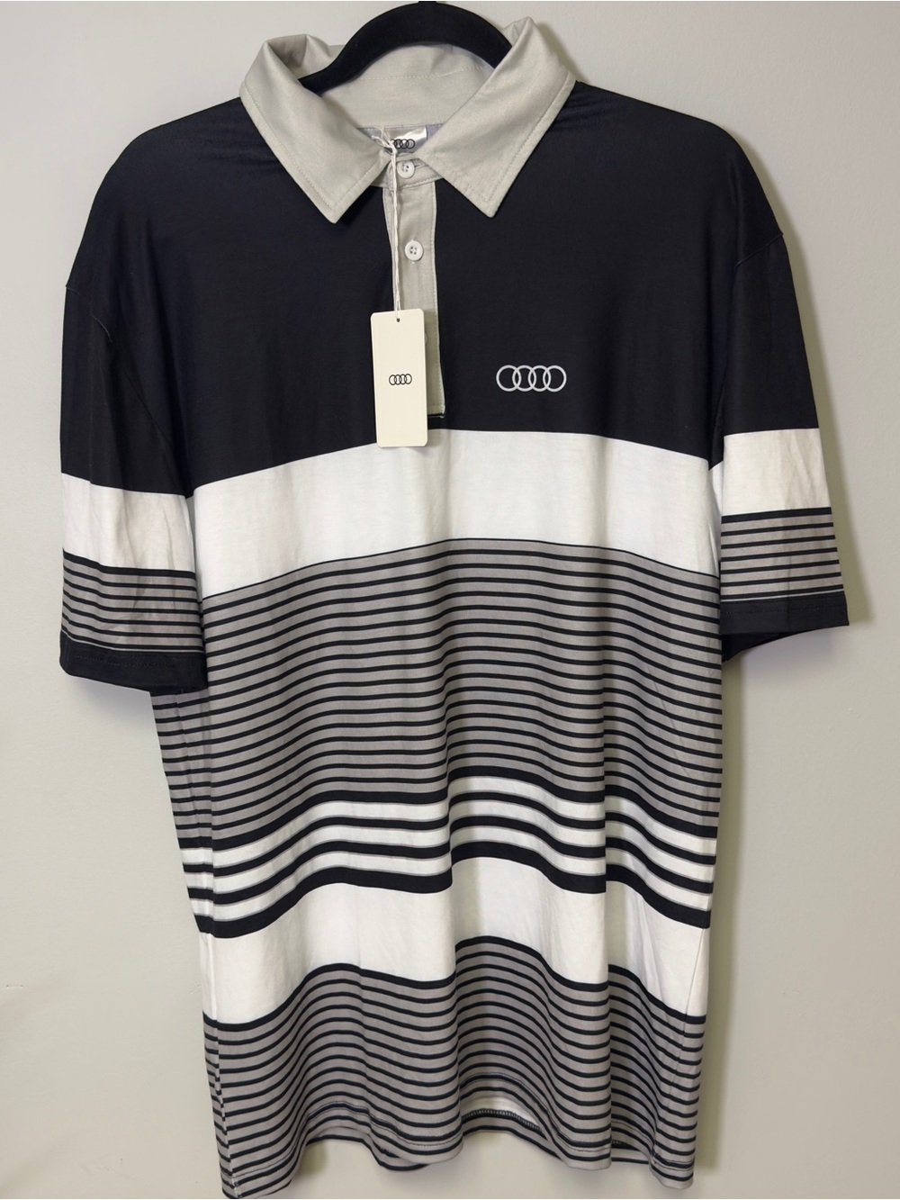 NWT Men’s Black, White & Gray Striped Audi Polo Shirt Size L